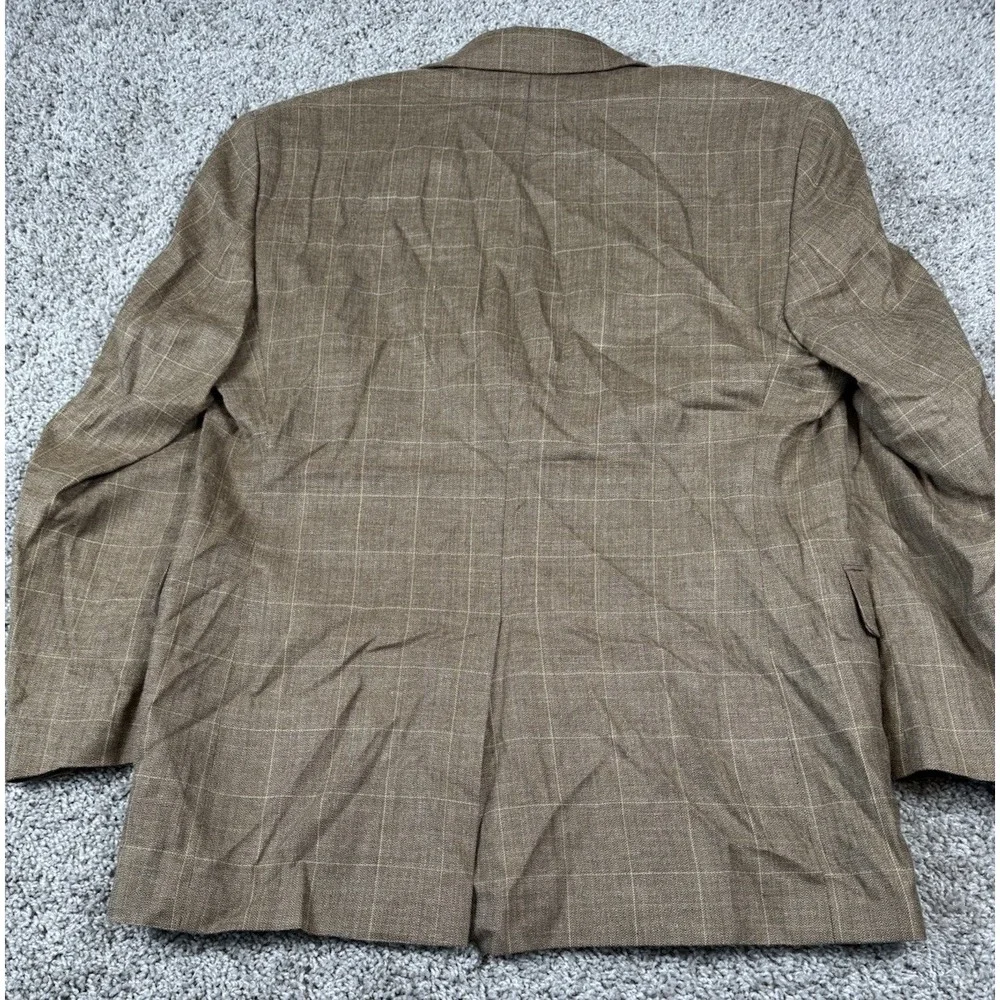 Jos A Bank Mens Blazer Jacket Silk Wool Linen Windowpane Plaid Beige Tan 42R‎